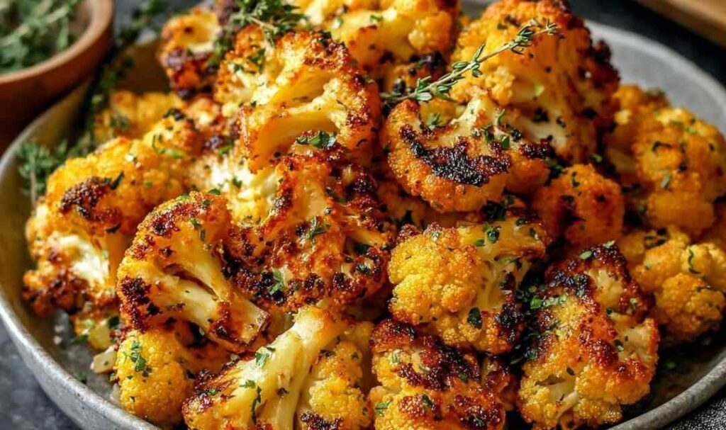 Roasted Cauliflower with Honey and Lemon 5 Roasted cauliflower with honey and lemon on a white serving plate garnished with fresh parsley and toasted almonds