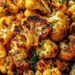 Roasted cauliflower with honey and lemon on a white serving plate garnished with fresh parsley and toasted almonds
