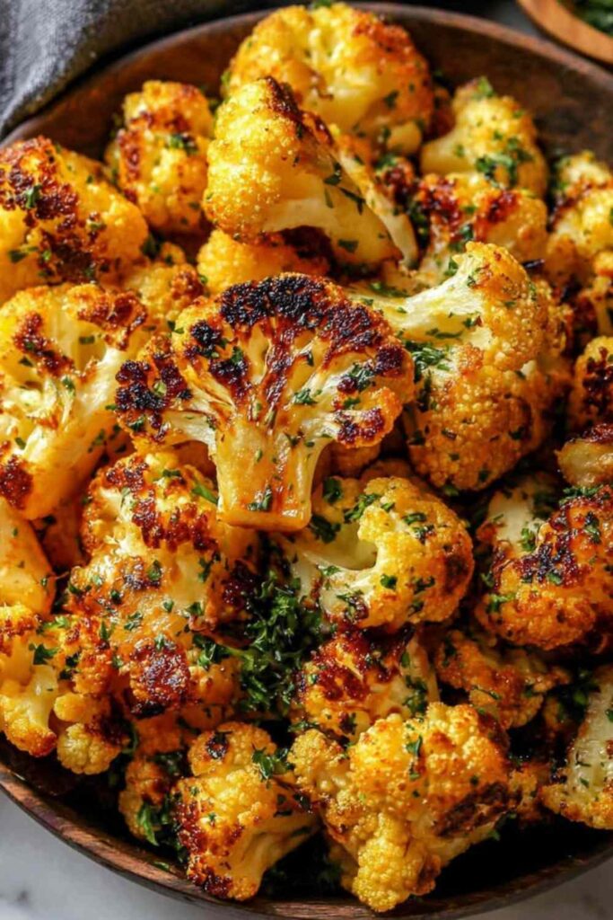 Roasted Cauliflower with Honey and Lemon 6 Roasted cauliflower with honey and lemon on a white serving plate garnished with fresh parsley and toasted almonds