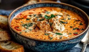 Crock pot creamy chicken parmesan soup served in a white bowl topped with fresh basil and shredded Parmesan cheese