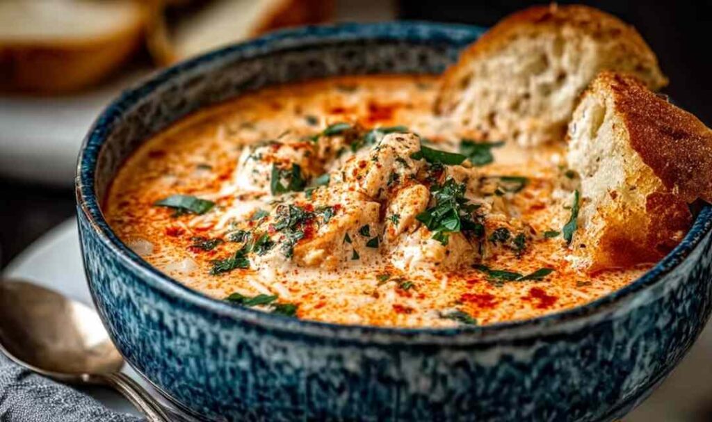 Crock pot creamy chicken parmesan soup served in a white bowl topped with fresh basil and shredded Parmesan cheese