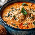 Crock pot creamy chicken parmesan soup served in a white bowl topped with fresh basil and shredded Parmesan cheese