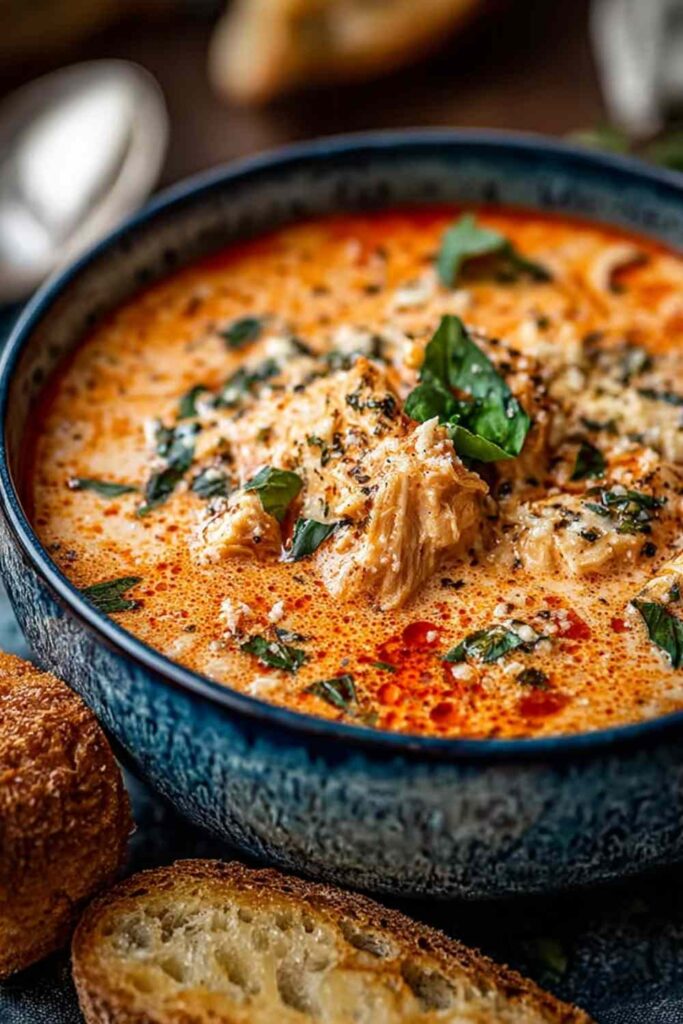 Crock pot creamy chicken parmesan soup served in a white bowl topped with fresh basil and shredded Parmesan cheese