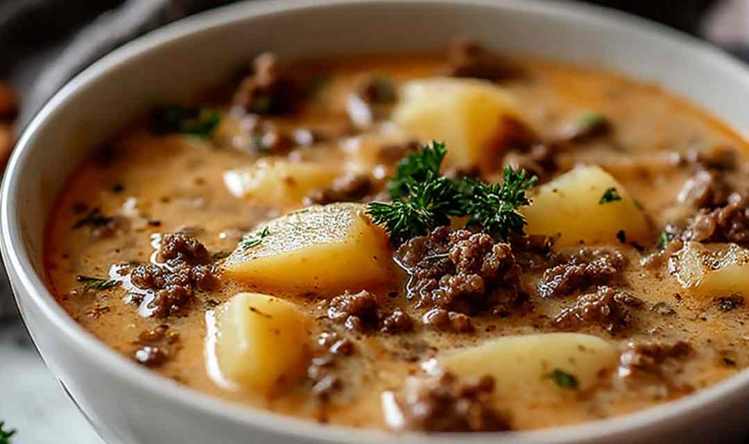 Crockpot creamy potato hamburger soup in a white bowl topped with shredded cheddar and fresh chives