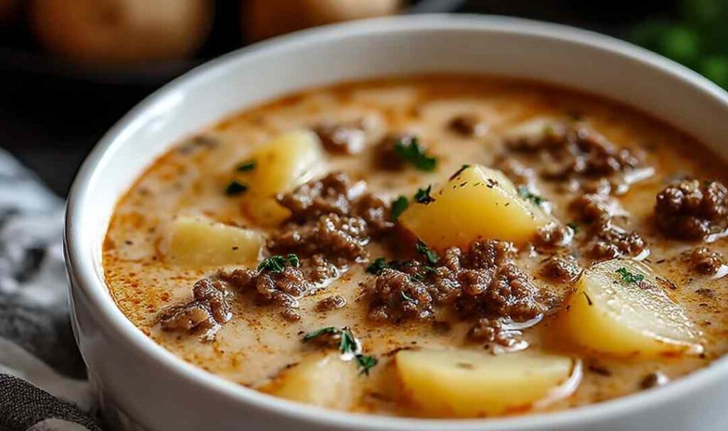 Crockpot creamy potato hamburger soup in a white bowl topped with shredded cheddar and fresh chives