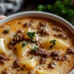 Crockpot creamy potato hamburger soup in a white bowl topped with shredded cheddar and fresh chives