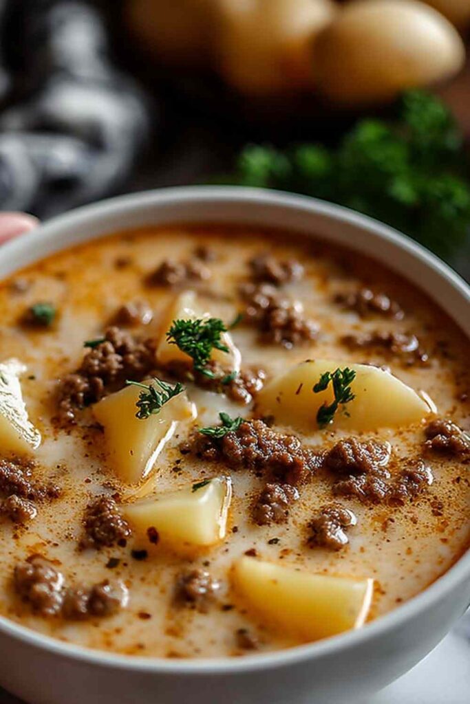 Crockpot creamy potato hamburger soup in a white bowl topped with shredded cheddar and fresh chives