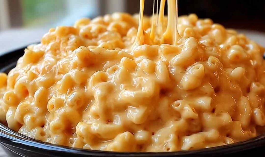 Irresistible Crockpot Mac and Cheese 5 Creamy crockpot mac and cheese served in a white bowl with melted cheddar cheese