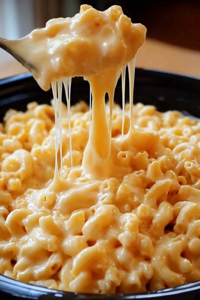 Irresistible Crockpot Mac and Cheese 6 Creamy crockpot mac and cheese served in a white bowl with melted cheddar cheese