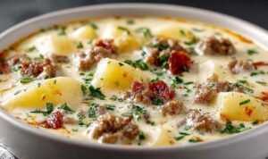 Creamy crockpot potato soup with beef sausage topped with cheddar cheese and green onions in a white bowl