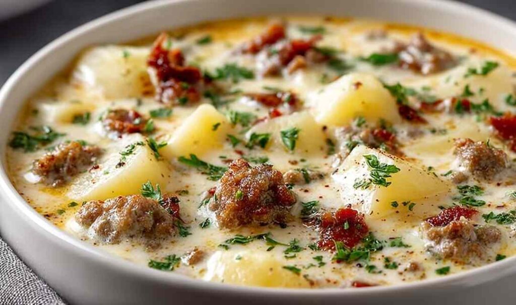 Creamy crockpot potato soup with beef sausage topped with cheddar cheese and green onions in a white bowl