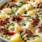 Creamy crockpot potato soup with beef sausage topped with cheddar cheese and green onions in a white bowl