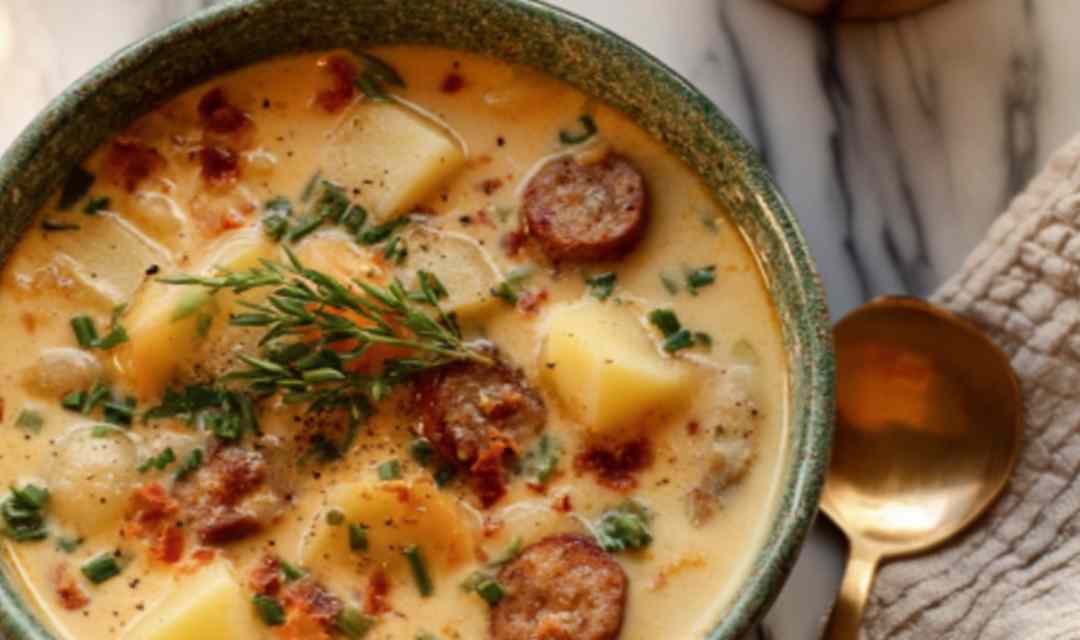 Crockpot Potato Soup with Sausage in a white bowl topped with shredded cheddar, crumbled bacon, and green onions