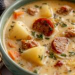 Crockpot Potato Soup with Sausage in a white bowl topped with shredded cheddar, crumbled bacon, and green onions