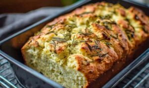 Sliced dill pickle bread loaf on a wooden cutting board with fresh dill and pickle chips