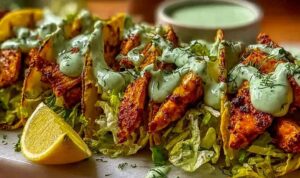 Dill Pickle Ranch Smash Chicken Tacos topped with creamy dill pickle ranch sauce and crisp pickle slices on a wooden serving board