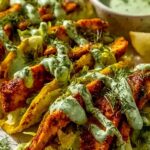 Dill Pickle Ranch Smash Chicken Tacos topped with creamy dill pickle ranch sauce and crisp pickle slices on a wooden serving board