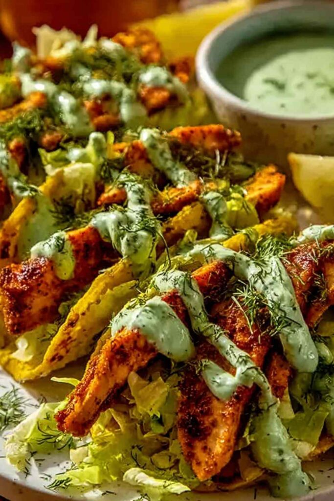 Dill Pickle Ranch Smash Chicken Tacos 6 Dill Pickle Ranch Smash Chicken Tacos topped with creamy dill pickle ranch sauce and crisp pickle slices on a wooden serving board