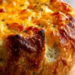 Dutch oven cheddar bread loaf with golden crust sliced open to show cheesy interior