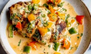 Easy baked queso chicken in a white baking dish topped with creamy melted cheese and fresh cilantro