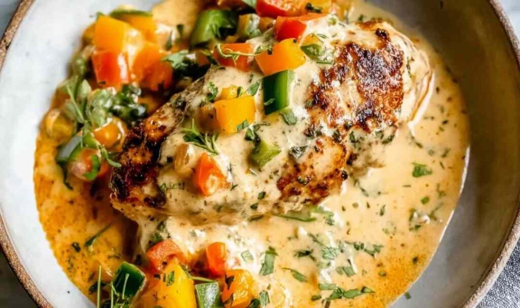 Easy baked queso chicken in a white baking dish topped with creamy melted cheese and fresh cilantro