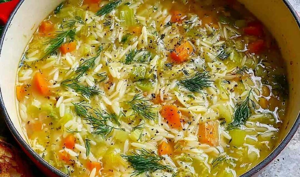 Bowl of easy orzo leek and dill soup garnished with fresh dill on a wooden table