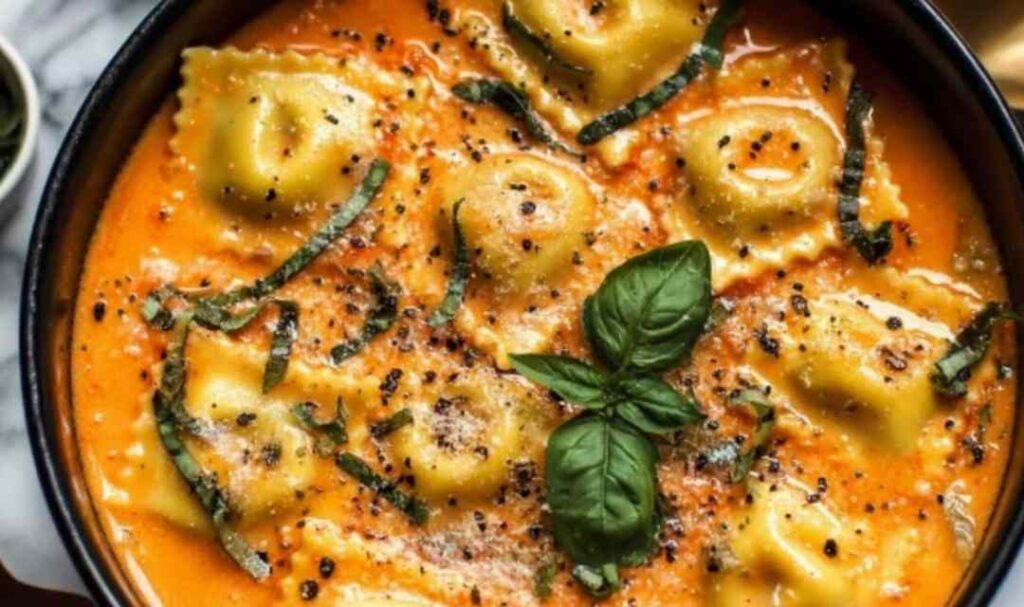 Easy Tuscan ravioli soup served in a white bowl topped with Parmesan cheese and fresh spinach