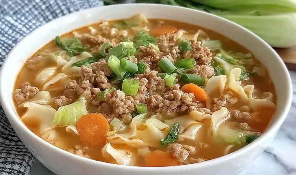 Egg roll soup with ground beef, cabbage, and sesame seeds in a white bowl