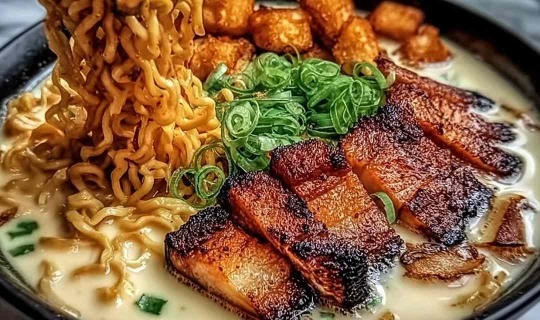 Fiery chicken ramen in a white bowl topped with a soft-boiled egg, green onions, and sesame seeds over creamy garlic broth
