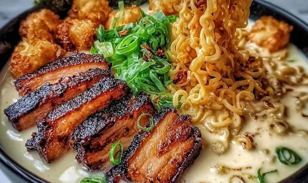 Fiery chicken ramen in a white bowl topped with a soft-boiled egg, green onions, and sesame seeds over creamy garlic broth