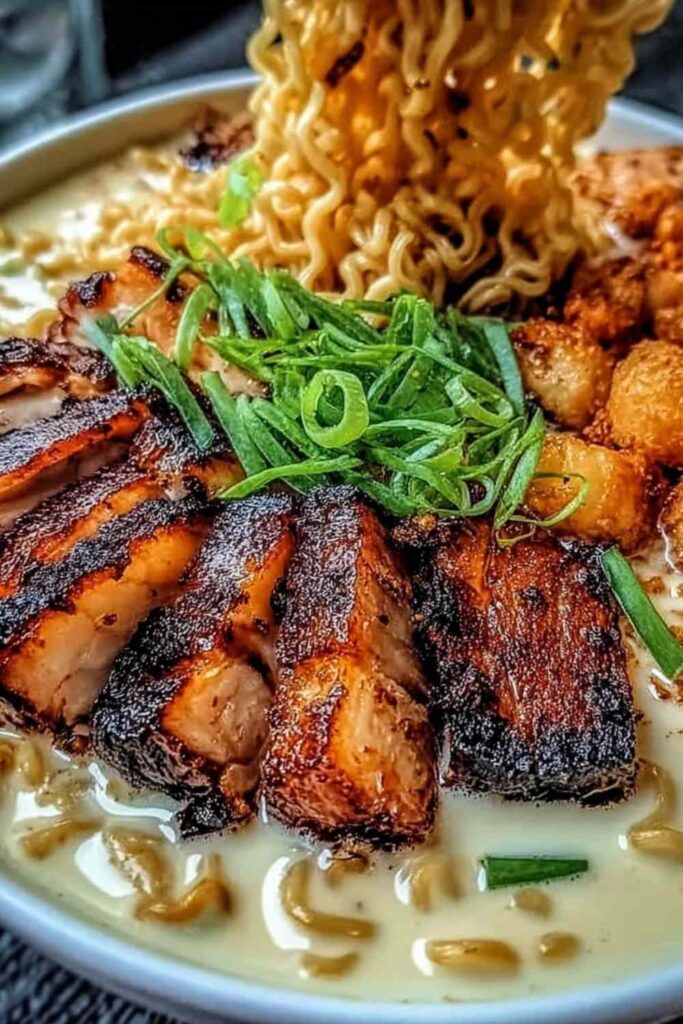 Fiery chicken ramen in a white bowl topped with a soft-boiled egg, green onions, and sesame seeds over creamy garlic broth