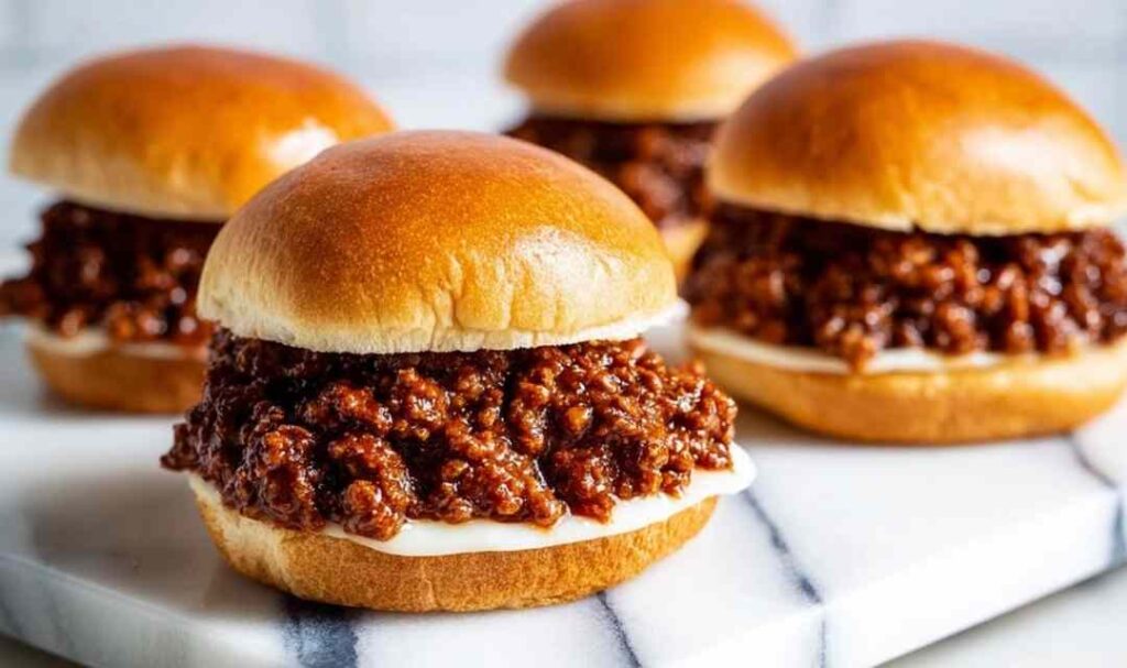 French Onion Beef Sloppy Joes with caramelized onions and melted Provolone on a toasted brioche bun