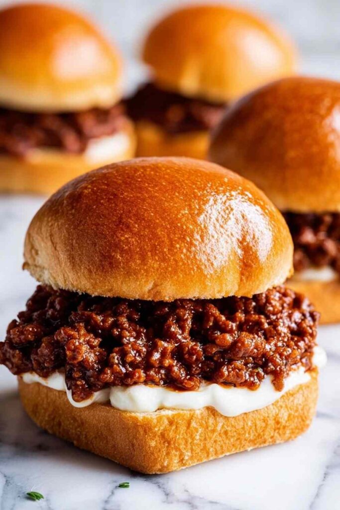 French Onion Beef Sloppy Joes with caramelized onions and melted Provolone on a toasted brioche bun