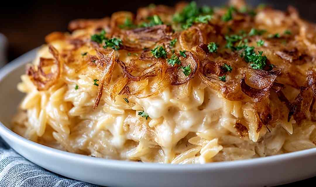 French Onion Chicken Orzo Casserole in a white baking dish with golden melted Gruyere cheese on top