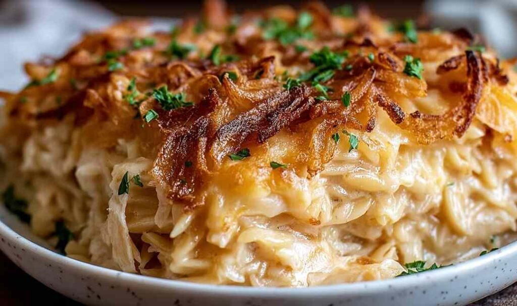 French Onion Chicken Orzo Casserole in a white baking dish with golden melted Gruyere cheese on top