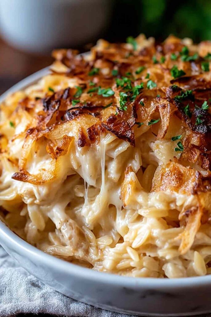 French Onion Chicken Orzo Casserole in a white baking dish with golden melted Gruyere cheese on top