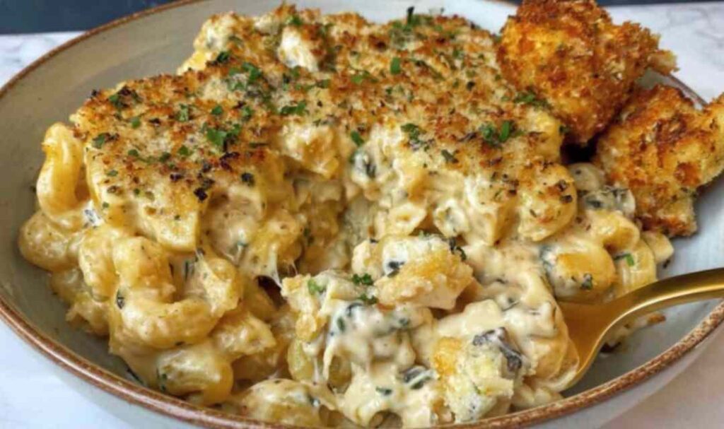 Creamy French onion soup pasta in a skillet topped with fresh parsley and melted Gruyere cheese