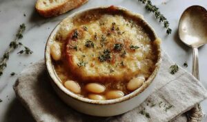 A bowl of French Onion and Butter Bean Soup topped with melted Gruyere cheese and toasted baguette slices