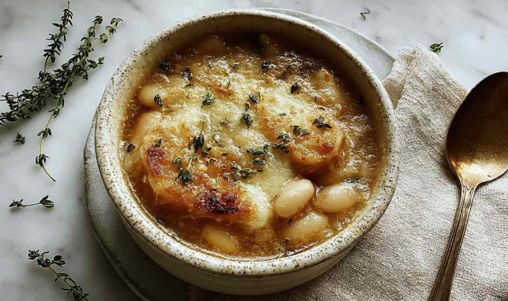 A bowl of French Onion and Butter Bean Soup topped with melted Gruyere cheese and toasted baguette slices