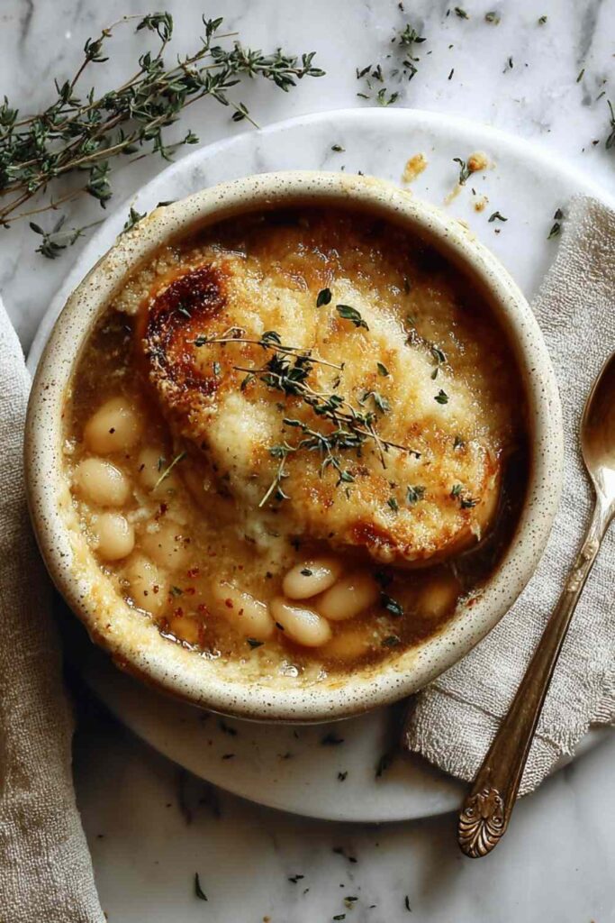 A bowl of French Onion and Butter Bean Soup topped with melted Gruyere cheese and toasted baguette slices