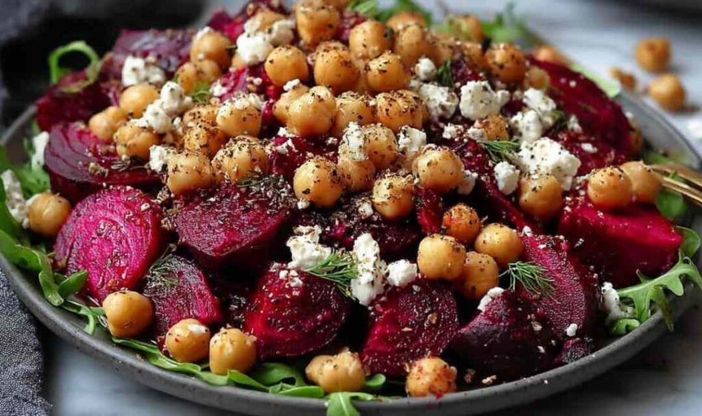 Chickpea Beet and Feta Salad 5 Chickpea beet and feta salad in a large white bowl with fresh mint and parsley