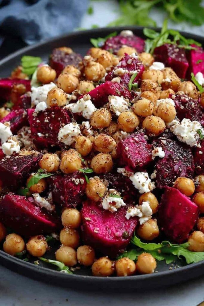 Chickpea Beet and Feta Salad 6 Chickpea beet and feta salad in a large white bowl with fresh mint and parsley