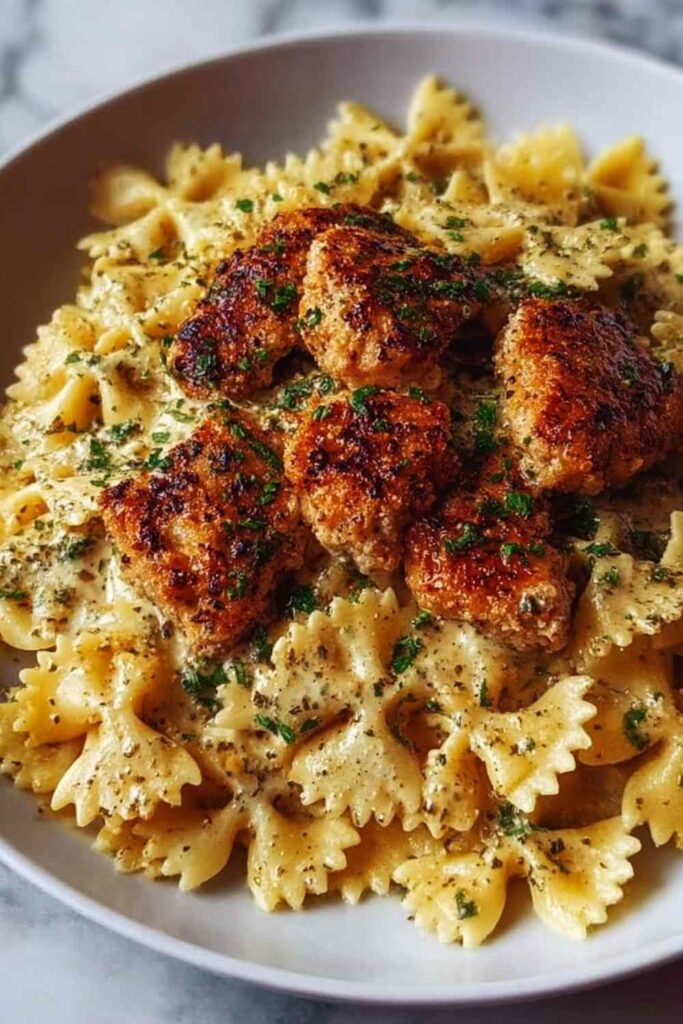 Garlic Butter Chicken Bowtie Pasta 6 Creamy garlic butter chicken bowtie pasta in a skillet topped with fresh parsley and Parmesan cheese