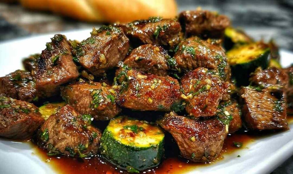 Garlic butter steak bites with zucchini in a cast-iron skillet garnished with fresh parsley