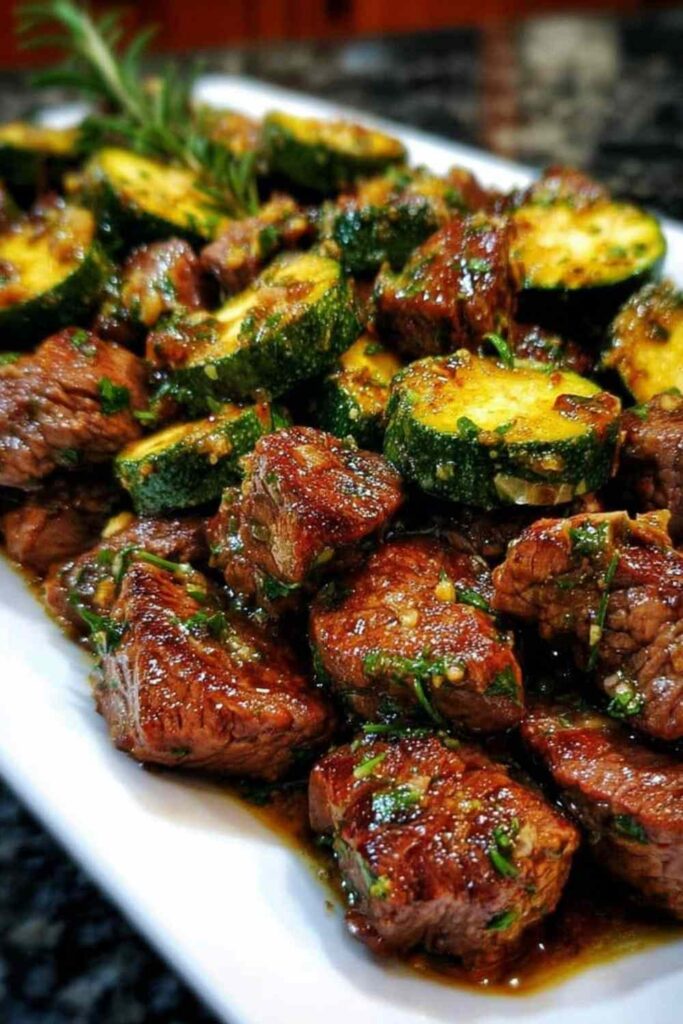 Garlic butter steak bites with zucchini in a cast-iron skillet garnished with fresh parsley