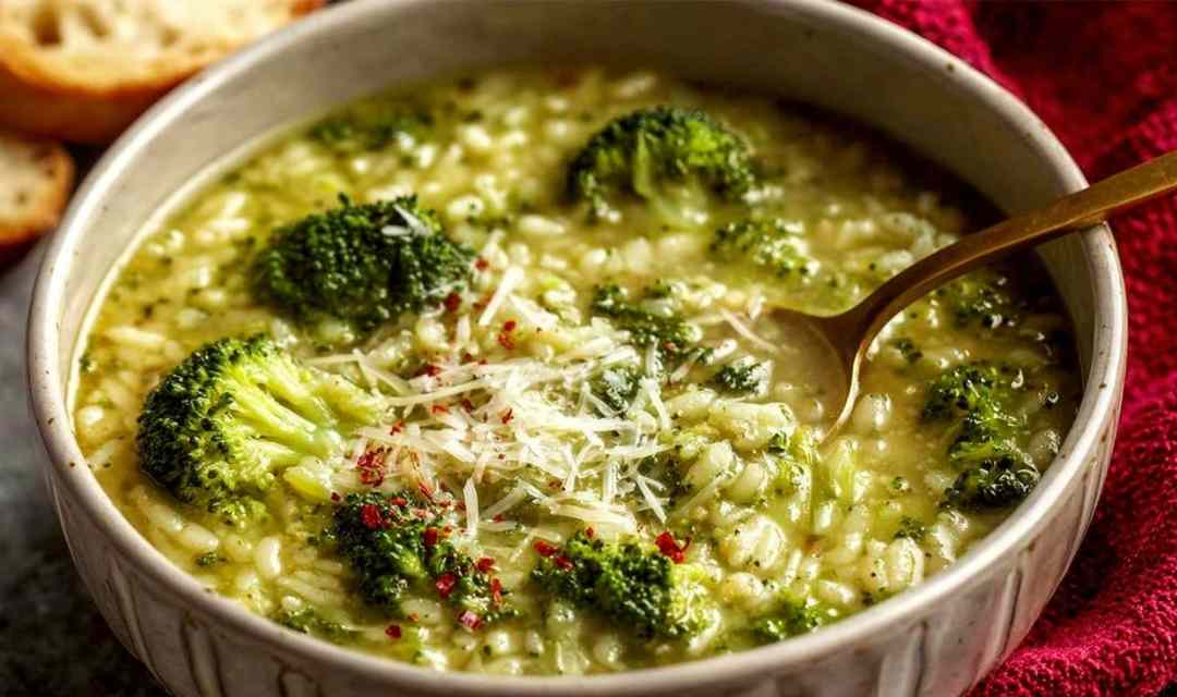 Bowl of creamy garlic Italian broccoli soup topped with Parmesan and fresh basil