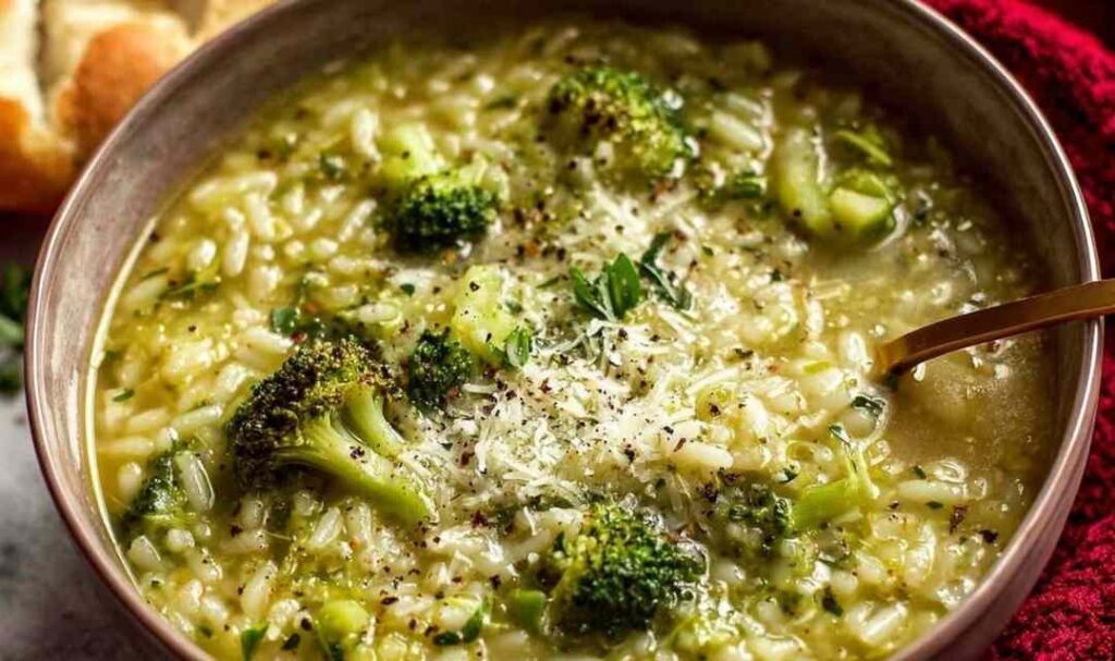 Bowl of creamy garlic Italian broccoli soup topped with Parmesan and fresh basil