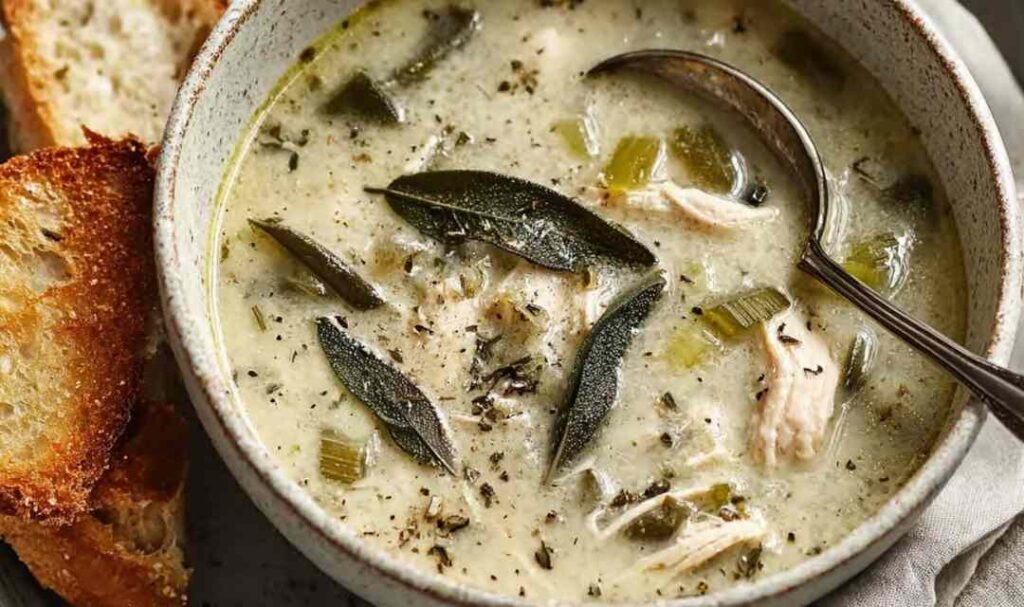 Bowl of garlic and sage chicken soup with shredded chicken, golden broth, and fresh sage leaves