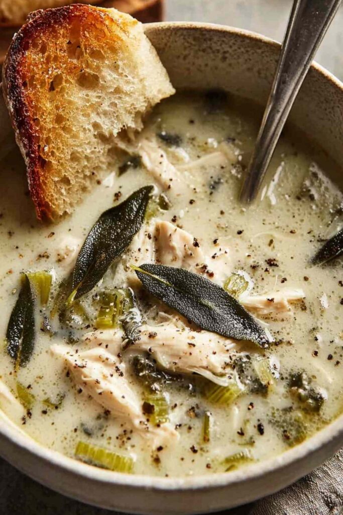 Bowl of garlic and sage chicken soup with shredded chicken, golden broth, and fresh sage leaves