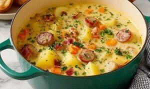 Creamy German potato soup with sausage served in a white bowl with fresh parsley garnish